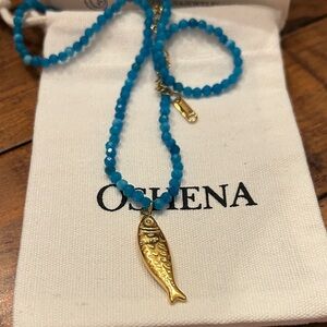 Oshena Designer beachwear turquoise‎ Blue Gold Fish Pendant Necklace NEW Release